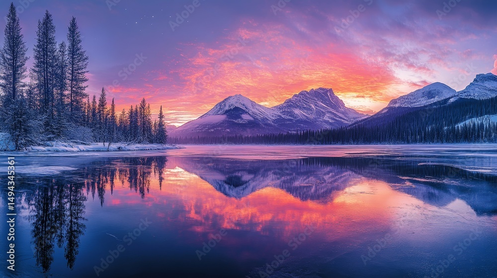 Fototapeta premium Aurora casting magical colors over a frozen alpine lake reflecting its vibrant hues, Generative AI