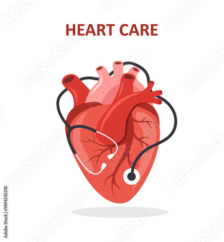 Heart care concept. Medical check up. Big realistic heart with stethoscope. Heart rate monitor. Flat Vector illustration.