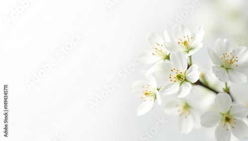 Delicate white flower blossoms on pure white background, closeup, simple