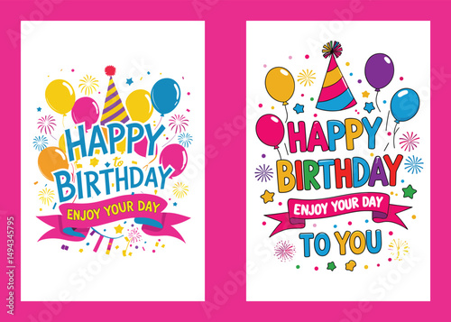 Colorful Happy Birthday Greeting Card Templates With Festive Decorations Vector Illustration