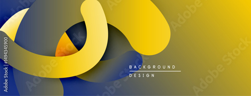 Abstract fluid shapes overlap, creating dynamic composition. Yellows, blues, browns blend smoothly. Modern design element.