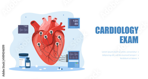 Cardiology exam. ECG concept. Heart care and medical diagnostic. Search diseases. Flat Vector illustration.