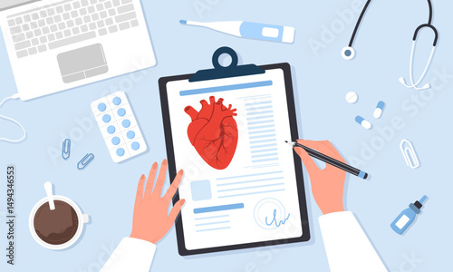 Cardiologist concept. Cardiac surgery. Male doctor researching heart transplantation. Internal organ surgeon. Flat Vector illustration.