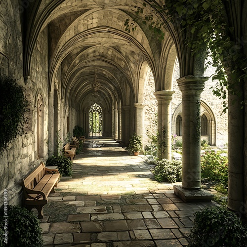 Peaceful cloister garden with stone arches and foliage high resolution picture