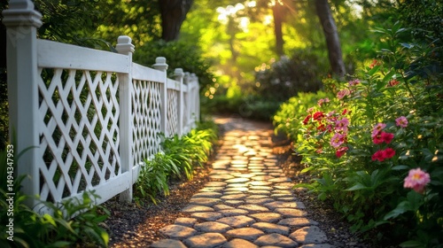 White lattice fence along garden path symbolizing privacy, boundary, and decorative outdoor landscape design
 photo