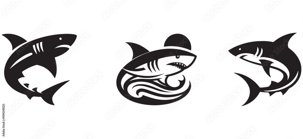 Fototapeta premium Set of Three Tribal Shark Silhouettes in Black – Stylized Ocean Predator Vector Icons for Modern Tattoo Art, Surf and Dive Branding, eSports Logos, and Graphic Design Collections