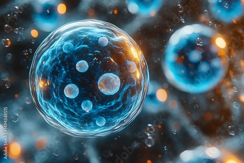 Microscopic cell structure glowing blue organelles