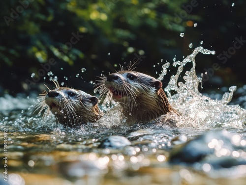 Joyful Otters Gliding Across Clear River Currents