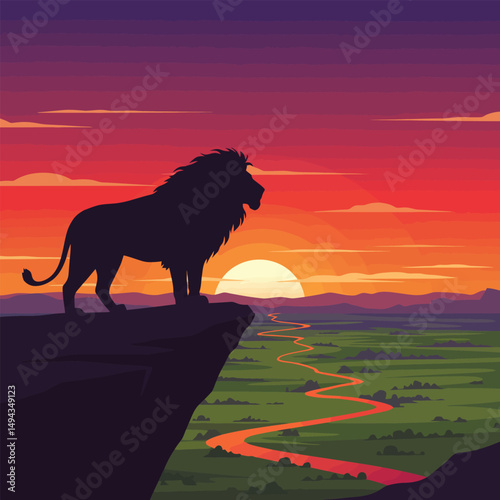 Lion Silhouette on Cliff Overlooking African Savanna Landscape at Sunset