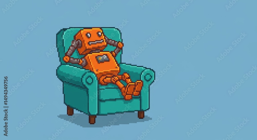 Obraz premium Relaxed Retro Robot in Teal Armchair Pixel Art - Orange robot relaxing in a teal armchair, symbolizing rest, technology, retro , pixel art, and leisure