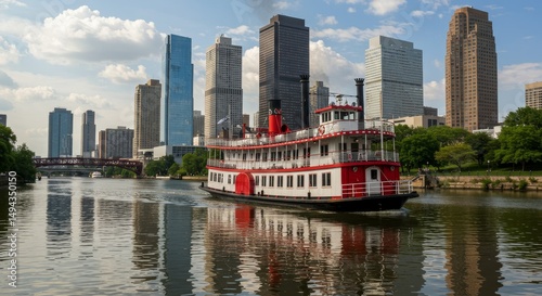 Riverboat Cruise Cityscape - A red and white riverboat glides along a river, with a modern cityscape as a backdrop
