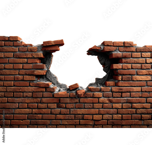 Breached Wall: A close-up of a broken red brick wall, showing a gaping hole that suggests vulnerability, fragility, and the potential for new beginnings. 