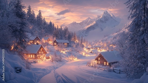 Snow-covered village nestled in a snowy valley glowing warmly under a pastel sky, Generative AI