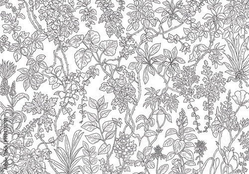 Botanical illustration floral pattern leaves drawing plants nature garden vector design art line work sketch in black and white for adult coloring book. can use for print , coloring and card design