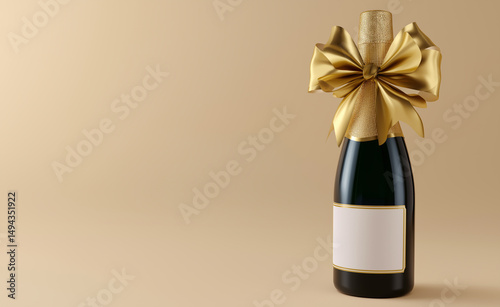 Elegant champagne bottle with a gold ribbon bow on a beige background.
 photo