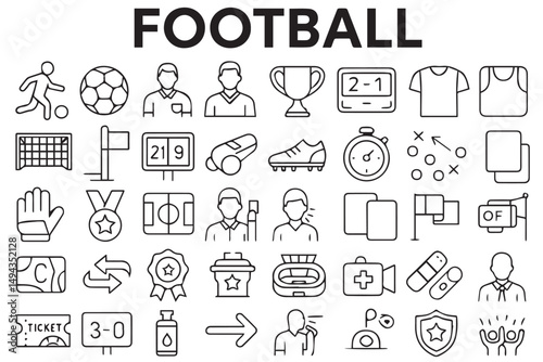 Vector football icons featuring match items like players, referee actions, scoreboards, field, and equipment Line art icon set