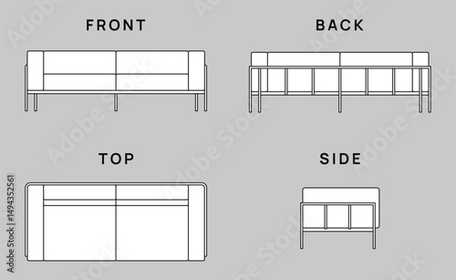 Sofa outline top, front, back, side view. Floor plan icons set for design interior and architectural project. Furniture thin line icon in top view for layout.