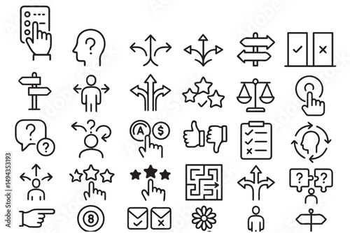 Vector line art icons depicting choices, paths, decisions, evaluations, and various concepts of selection, perfect for business, strategy, and psychology line art icon set