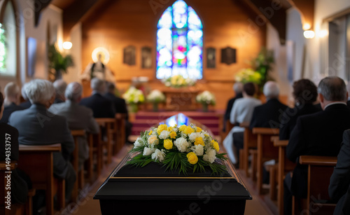 Funeral service inside a church with mourners seated and a flower-adorned coffin at the front.  
