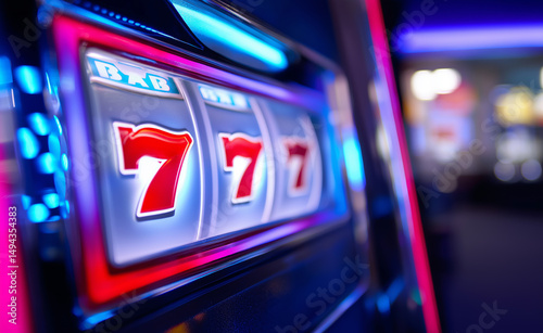 Close-up of a slot machine displaying triple sevens, symbolizing a jackpot win in a vibrant casino setting.  
 photo