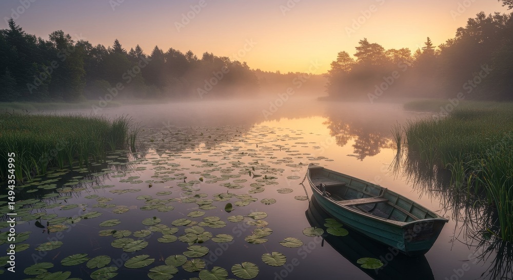 Obraz premium Serene Sunrise Lake with Rowboat - Tranquil sunrise scene over a misty lake, featuring a small rowboat gently floating amongst lily pads. Peaceful and idyllic nature