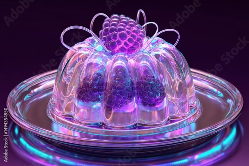 Colorful raspberry gelatin dessert with glowing effects and vibrant purple background on reflective plate