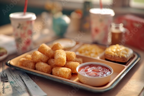 Delicious Golden Tater Tots with Dipping Sauce and Colorful Meal Tray in Bright, Cheerful Dining Setting