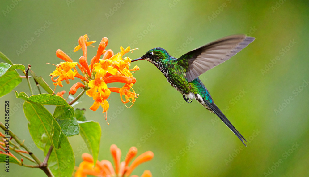 Fototapeta premium Long-tailed Sylph Hummingbird (Aglaiocercus kingi) in Flight with Orange Flower