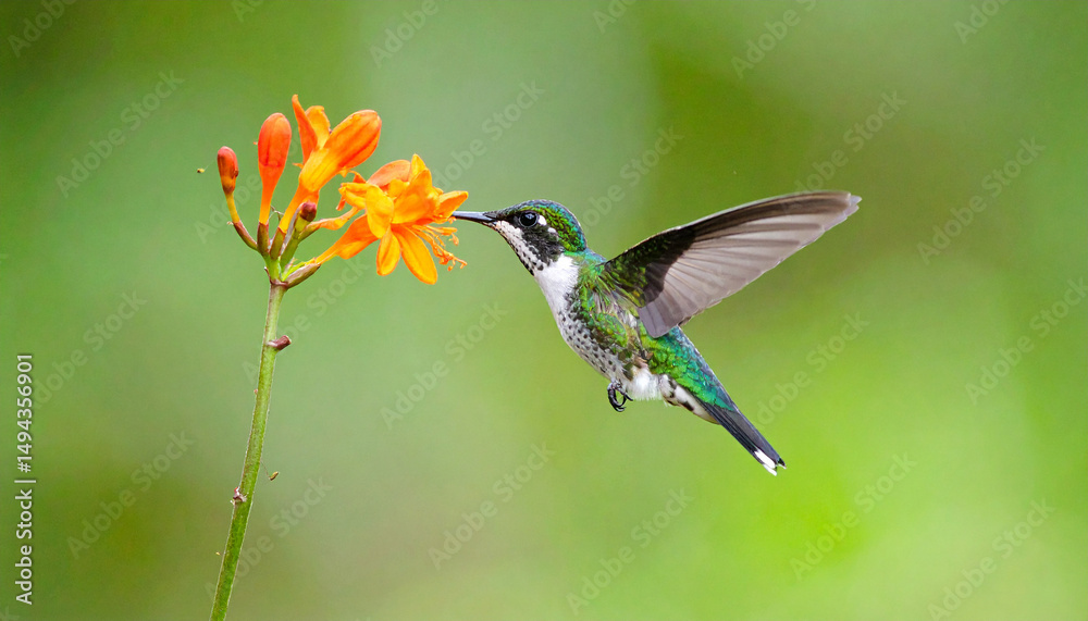 Naklejka premium Long-tailed Sylph Hummingbird (Aglaiocercus kingi) in Flight with Orange Flower