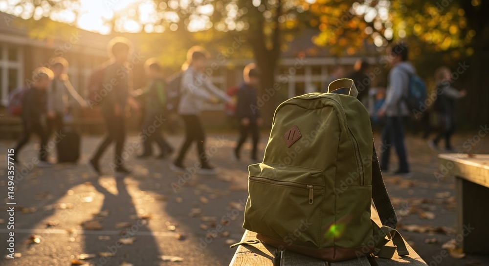 Obraz premium Green Backpack on Bench with School Children Walking