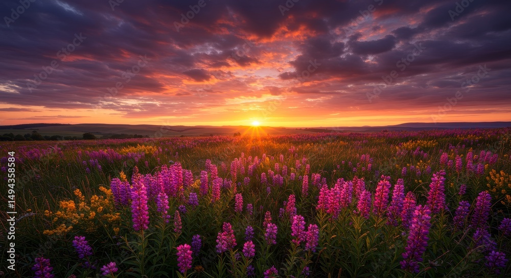 Fototapeta premium Sunset Prairie Flowers - Vibrant pink flowers in a field at sunset, with a colorful sky