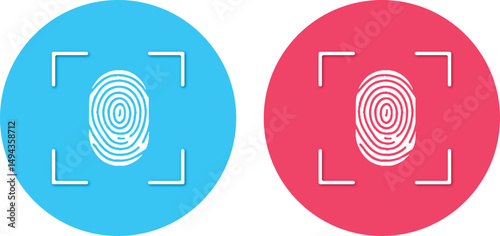 White fingerprint isolated on blue and red round background. Identification fingerprint sketches icon vector.