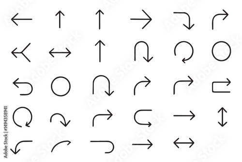 Collection of various directional and loop arrows, circular motions, and navigational symbols in line art icon set