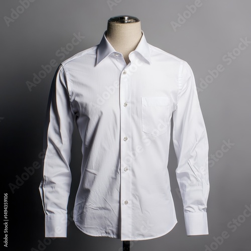 Crisp white long-sleeved dress shirt displayed on a mannequin against a neutral gray backdrop; classic collar, button-down front, and single chest pocket