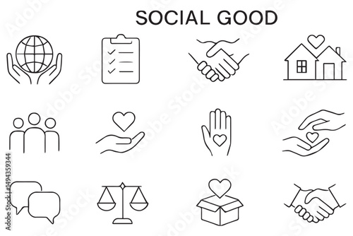 Social good icons depicting community involvement, charity, care, and giving with symbols such as hearts, houses, volunteer work, and partnerships in line art icon set