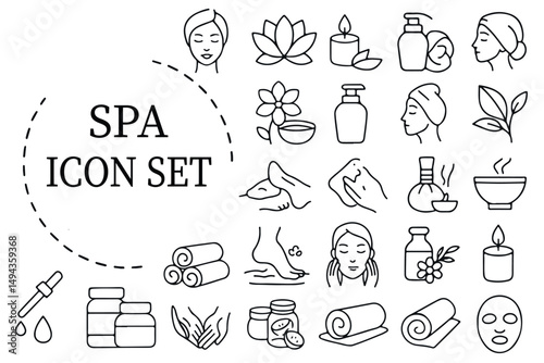 Spa icon set featuring symbols of relaxation, wellness, skincare, and spa treatments including candles, lotions, towels, and therapeutic elements in line art icon set