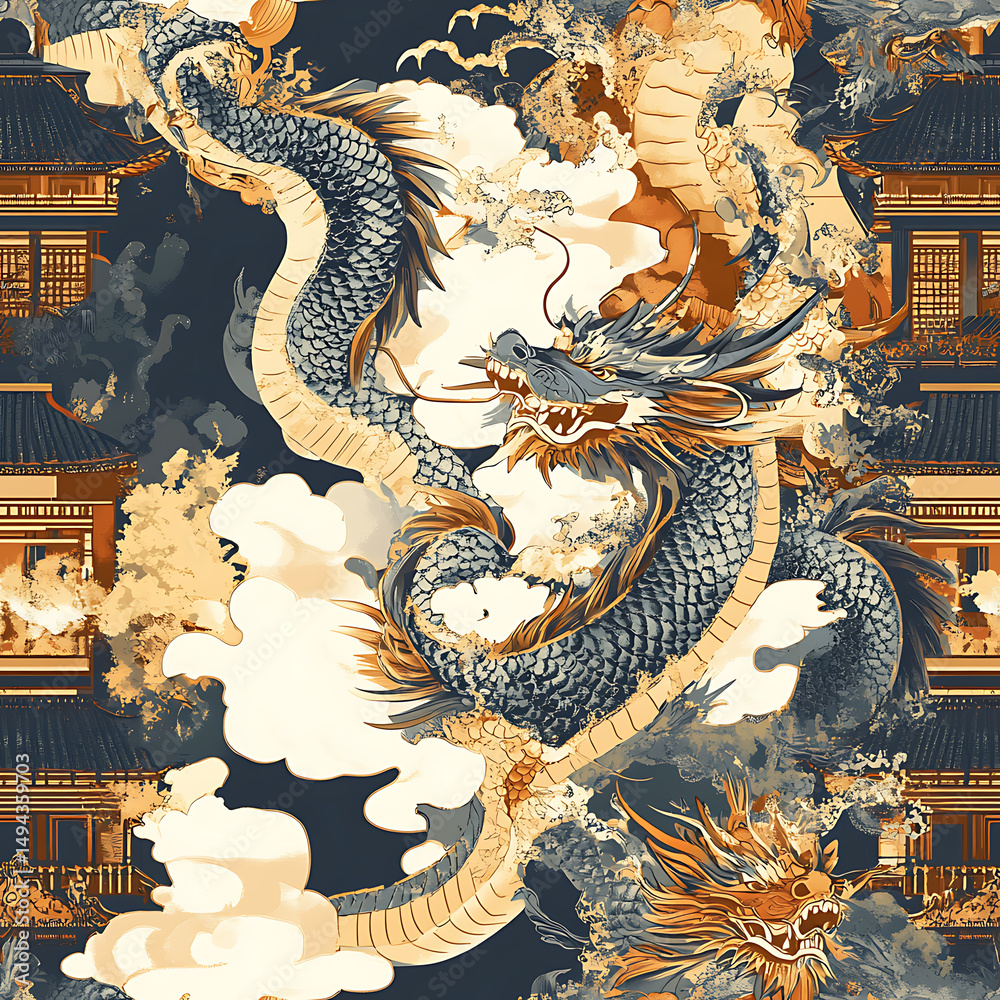 Obraz premium Seamless patterns of Chinese and Japanese traditional tile designs with elegant illustrations