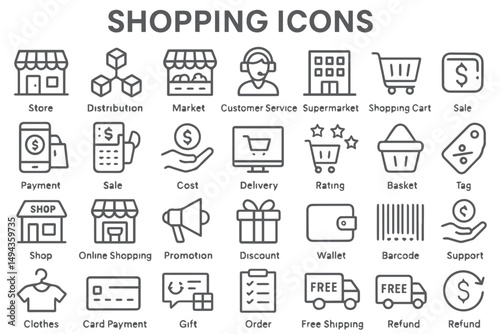 Set of shopping icons covering key retail elements such as payment methods, sale promotions, delivery, shopping carts, products, and customer services in line art icon set