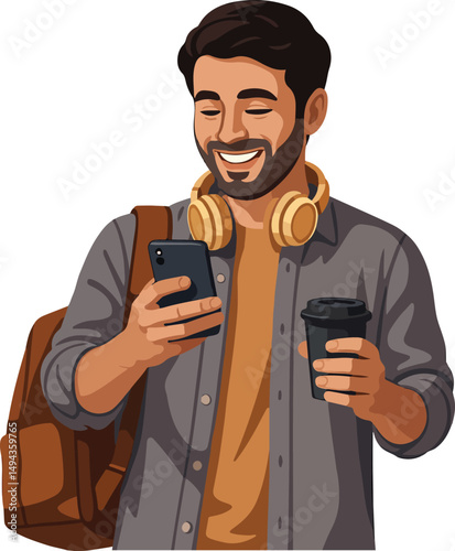Man looking mobile with coffee in hand vector illustration