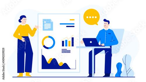 Businesswoman presenting financial data to a colleague. Suitable for financial presentations, teamwork concepts, office dynamics, and professional relationships.