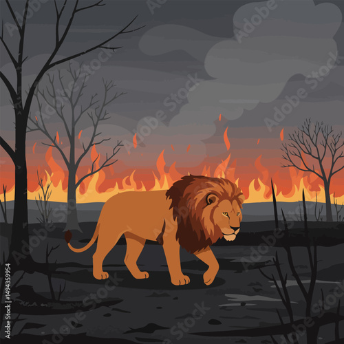 Lion Walking Through a Burning Forest Landscape in Dramatic Lighting