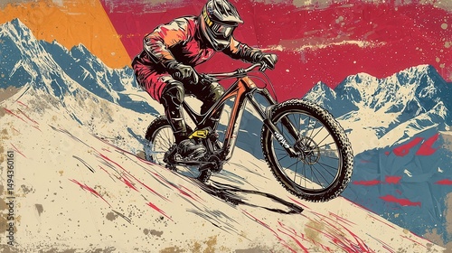 Mountain Biker Descending Snowy Mountain Peak