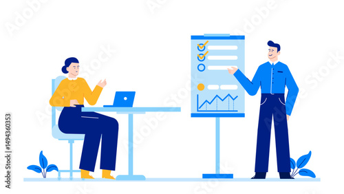 Man presenting checklist and graph to woman. Business meeting. Explaining data. Teamwork concept. Planning strategy. Corporate discussion. Office setting.