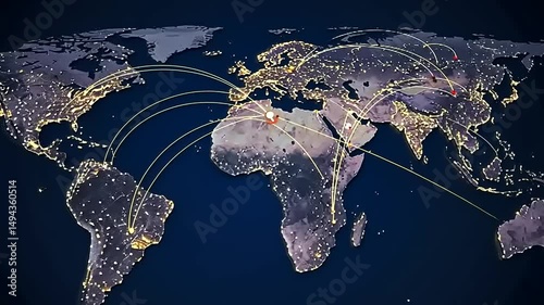 Global connectivity map showcasing illuminated cities and flight paths across continents at night