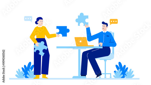 Two people holding puzzle pieces, engaged in conversation. Ideal for teamwork, collaboration, problem solving concepts in business, education, or therapy.