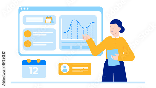 Woman presents a chart with a line graph, ideal for business presentations, financial reports, statistical analysis, data visualization concepts.