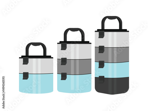 Stacked tiffin carriers with blue accents, modern food storage design

