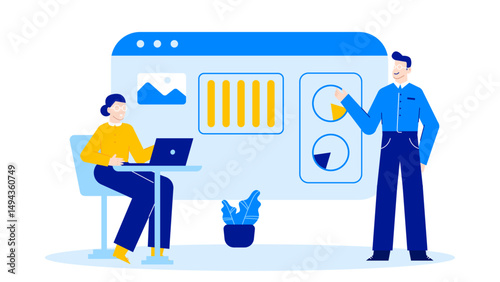 Man presenting data to woman at desk, suitable for business presentations, data analysis concepts, communication skills training materials, professional meetings.