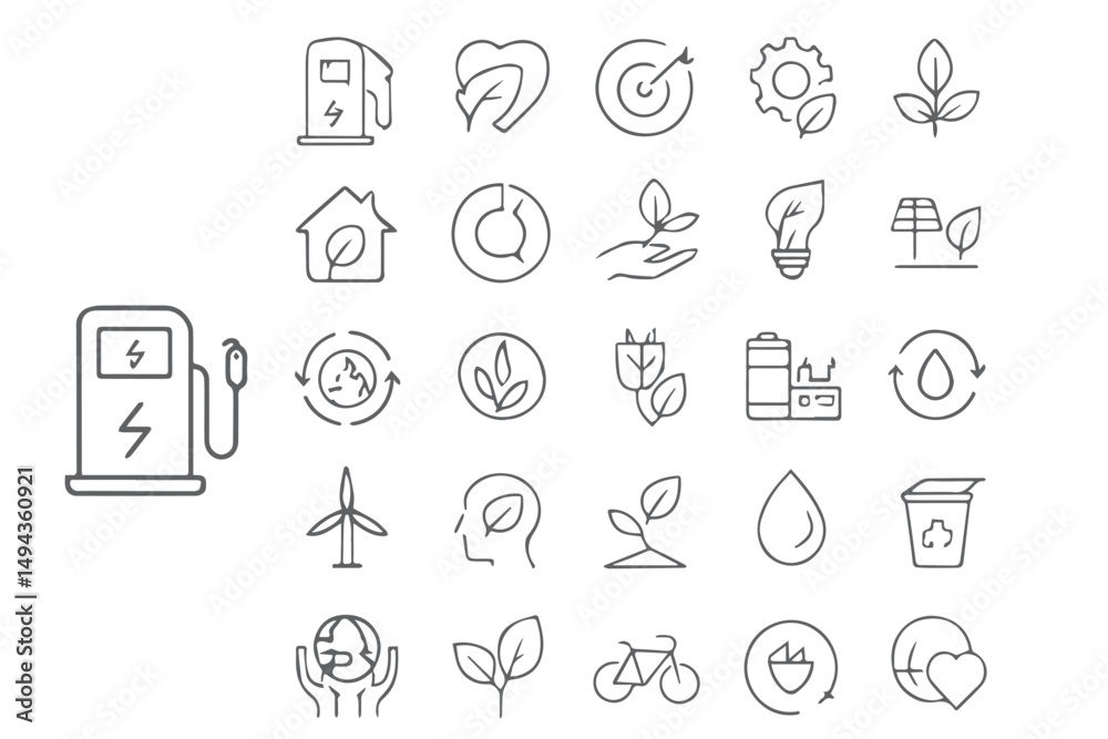 Collection of eco icons representing clean energy solutions, recycling, plant growth, sustainability efforts, and environmental protection through line art symbols