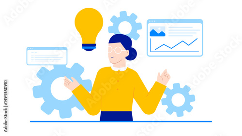 A concept of innovation and ideas Woman holds a lightbulb surrounded by gears. Suitable for technology or creative business themes.